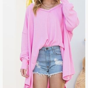 Waffle Knit Exposed Seam High Low Oversized Top in Pink Blush Long Sleeve